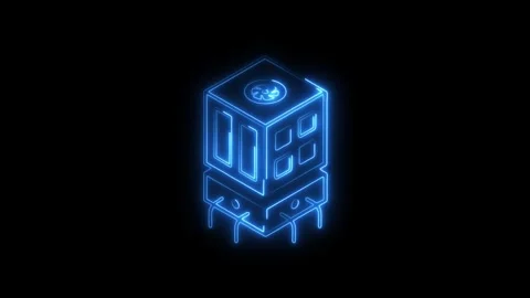 Glowing blue neon isometric icon of a futuristic digital device with a fan .. Stock Footage 314702768