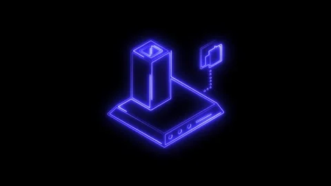 Glowing blue neon isometric icon representing futuristic technology data tr.. Stock Footage 314703474