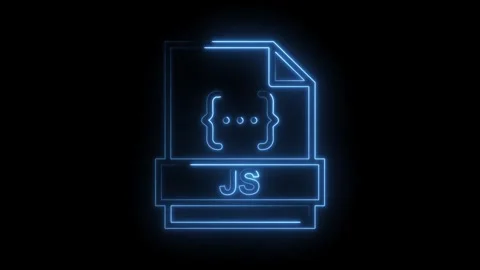 Glowing blue neon Java Script file icon with curly braces and J S text on a.. Stock Footage 314574446