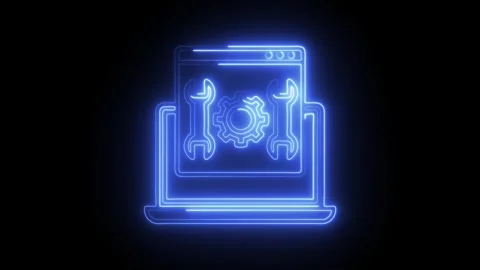 Glowing blue neon laptop computer icon with wrenches and gear symbolizing t.. Stock Footage 314712857