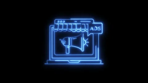 Glowing blue neon laptop icon with megaphone and ads speech bubble symboliz.. Stock Footage 314710448