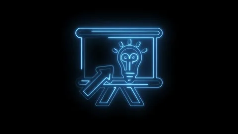 Glowing blue neon light bulb icon on presentation board with upward arrow Stock Footage 333951955