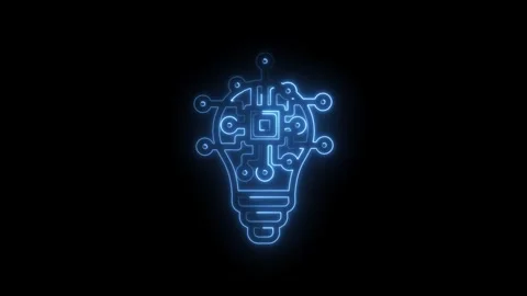 Glowing blue neon light bulb icon with circuit board elements symbolizing Stock Footage 333957519