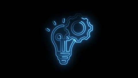 Glowing blue neon light bulb with gear icon symbolizing innovation creativity 스톡 동영상 333963024