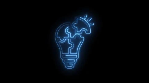 Glowing blue neon light bulb puzzle pieces assembling forming bright idea c.. Stock Footage 346103282