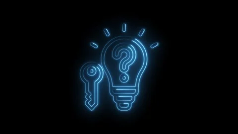 Glowing blue neon light bulb with question mark inside and key symbol besid.. Stock Footage 346137131