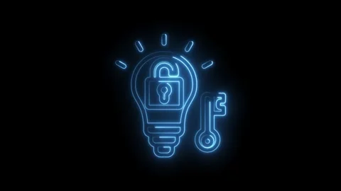 Glowing blue neon light bulb with open padlock and key symbol on black back.. Stock Footage 346824848