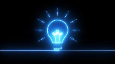 Glowing blue neon light bulb isolated on black background, digital of a bri.. Stock Illustration