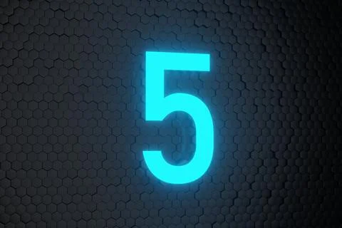 Glowing blue Neon Light Countdown 10 to 0 number on black hexagon background Stock Illustration