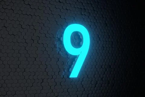 Glowing blue Neon Light Countdown 10 to 0 number on black hexagon background Illustrazione stock