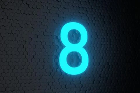Glowing blue Neon Light Countdown 10 to 0 number on black hexagon background Stock Illustration
