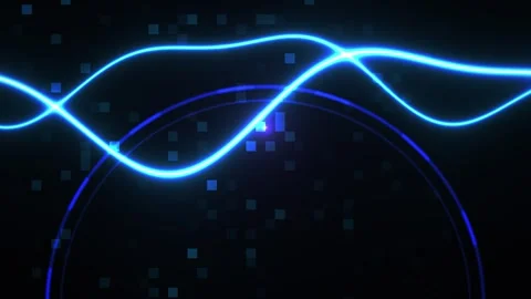 Glowing blue neon light waves on dark background with dots. Stock Footage 337462385