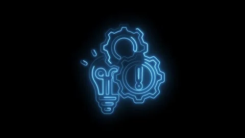 Glowing blue neon lightbulb and gears icon symbolizing innovation problem Stock Footage 333966060