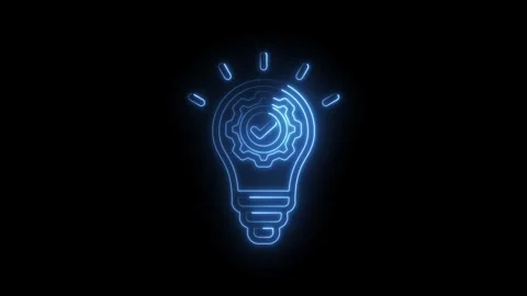 Glowing blue neon lightbulb icon with internal gear and checkmark symbolizi.. Stock Footage 346104130