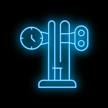Glowing blue neon line train railway station clock information icon isolate.. Stock Illustration