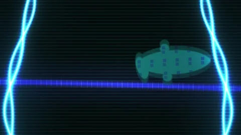 Glowing blue neon lines on black background with zeppelin silhouette. Stock Footage 336695980