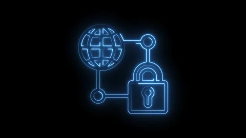Glowing blue neon lines depict a connected globe and padlock symbolizing gl.. Stock Footage 346139440