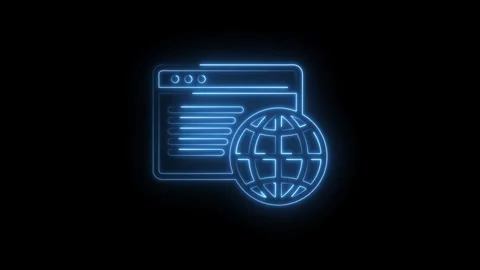 Glowing blue neon lines form a digital browser window with a globe icon sym.. Stock Footage 346826986