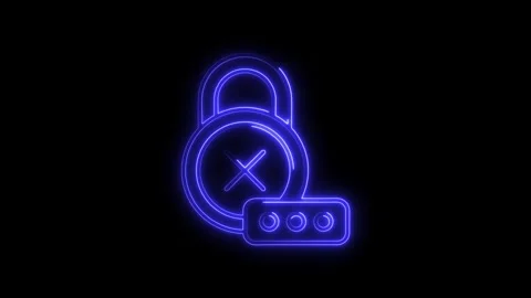 Glowing blue neon lock icon with an X symbol and password input field on a .. Stock Footage 314701933