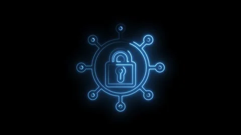 Glowing blue neon lock icon connected to network nodes on black background Stock Footage 333958080