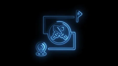 Glowing blue neon map route with start pin and destination flag on black ba.. Stock Footage 346010038