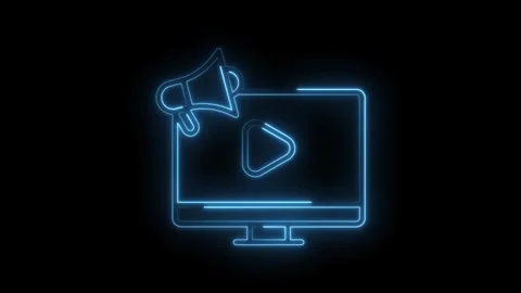 Glowing Blue Neon Megaphone Icon on Computer Screen Play Button Symbol Futu.. Stock Footage 314557723