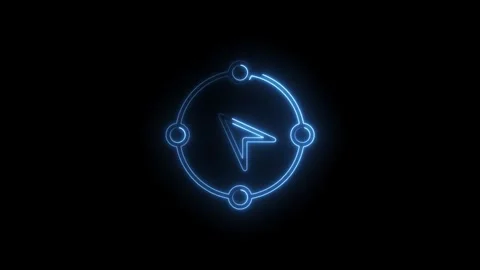 Glowing blue neon navigation icon with circular target and arrow pointer on.. Stock Footage 314558300