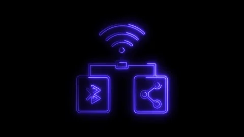 Glowing blue neon network connection icon with wifi bluetooth and share sym.. Stock Footage 314708380
