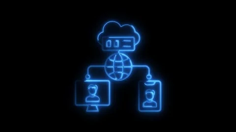 Glowing blue neon network connection icon with cloud computing and devices .. Stock Footage 314709029