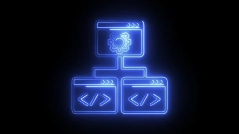 Glowing blue neon network connection icon with gear symbol and code bracket.. Stock Footage 314712933