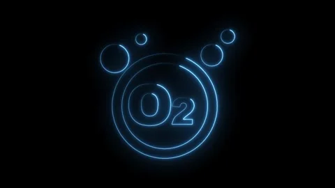 Glowing blue neon O2 oxygen molecule symbol with bubbles isolated on black .. Stock Footage 314559305