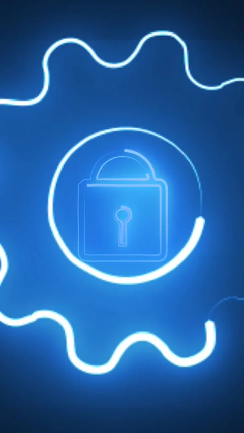 Glowing Blue Neon Open Padlock Icon with Keyhole and Wavy Lines unlock securi Stock Footage 337460020