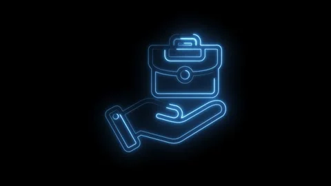 Glowing blue neon outline of a briefcase held in an open hand on a black Stock Footage 333969857