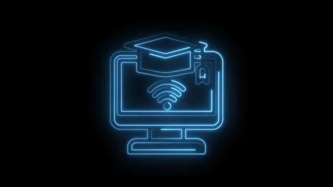 Glowing blue neon outline of computer monitor with graduation cap and wifi Stock Footage 333951864