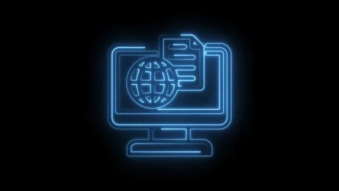 Glowing blue neon outline of a computer monitor displaying a globe and document Stock Footage 333951934