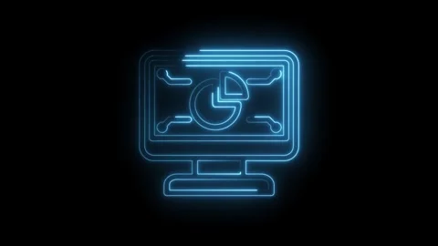 Glowing blue neon outline of a computer monitor displaying a pie chart and data Stock Footage 333953997