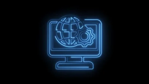 Glowing blue neon outline of a computer monitor displaying a globe and a gear Stock Footage 333955861