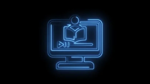Glowing blue neon outline of a computer monitor displaying an open book and Stock Footage 333956097