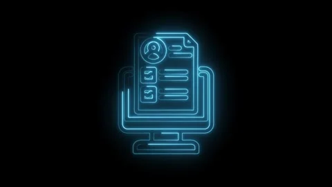 Glowing blue neon outline of a computer monitor displaying a resume profile with Stock Footage 333956110