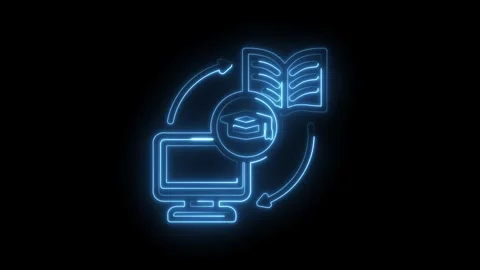 Glowing blue neon outline of computer monitor with graduation cap and open book Stock Footage 333956126