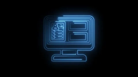 Glowing blue neon outline of computer screen displaying user profile and data Stock Footage 333956232