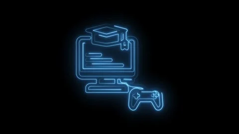 Glowing blue neon outline of computer monitor with graduation cap and gamepad Stock Footage 333956254