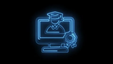 Glowing blue neon outline of a computer screen displaying a graduate with a Stock Footage 333956321