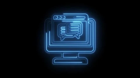 Glowing blue neon outline of a computer monitor displaying chat bubbles and a Stock Footage 333956328