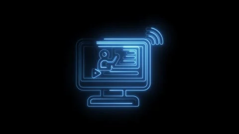 Glowing blue neon outline of a computer monitor displaying an online learning Stock Footage 333956370
