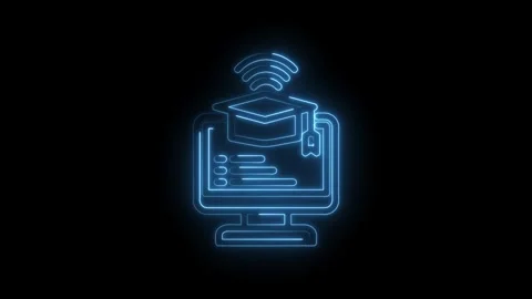 Glowing blue neon outline of a computer monitor displaying a graduation cap and Stock Footage 333956401