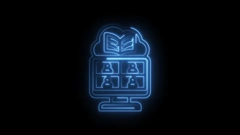 Glowing blue neon outline of a computer screen displaying a video conference Stock Footage 333956441
