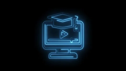 Glowing blue neon outline of a computer monitor displaying a play button and Stock Footage 333957220