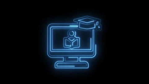 Glowing blue neon outline of a computer monitor displaying a person reading a Stock Footage 333957276
