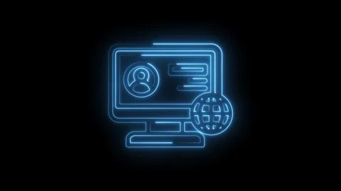 Glowing blue neon outline of computer screen displaying user profile and globe Stock Footage 333959648